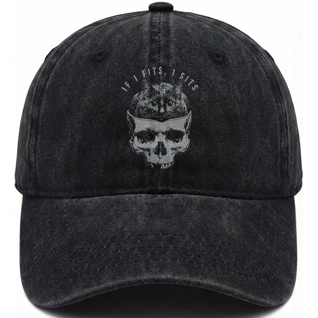 If I Fits I Sits Funny Cat in Skull Washed Cotton Baseball Cap Dark Aesthetic Goth Cat Lover Gift for Macabre and Meme Fans