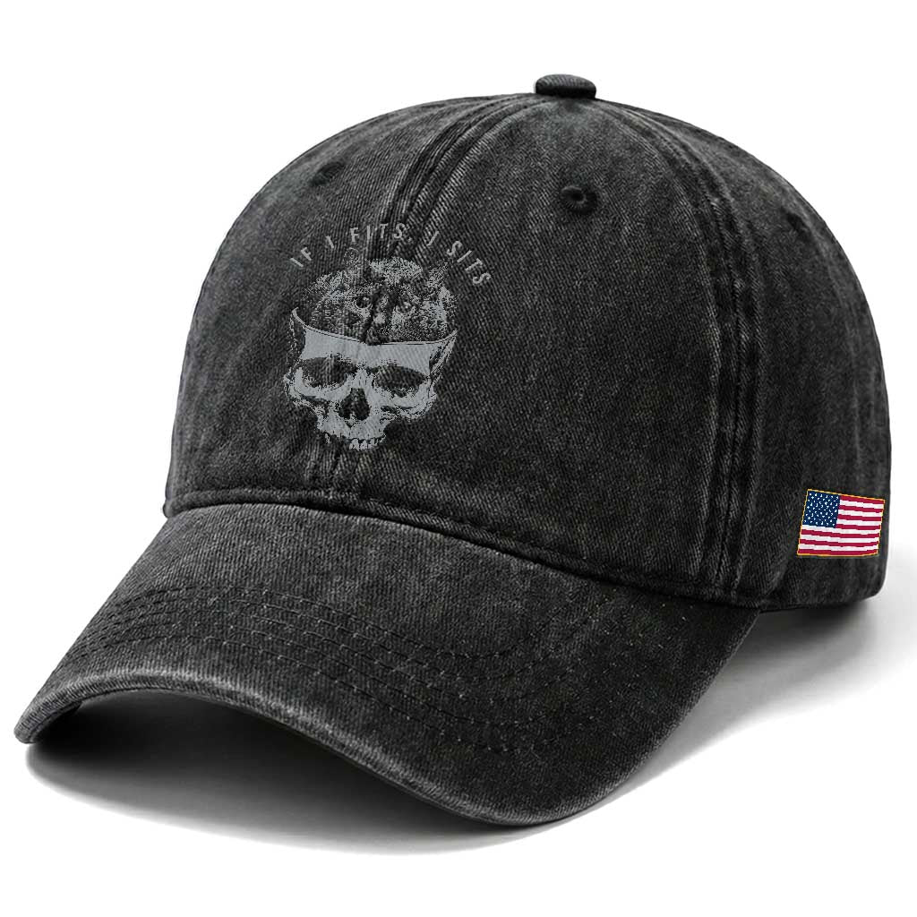 If I Fits I Sits Funny Cat in Skull Washed Cotton Baseball Cap Dark Aesthetic Goth Cat Lover Gift for Macabre and Meme Fans