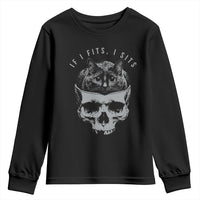 If I Fits I Sits Funny Cat in Skull Youth Sweatshirt Dark Aesthetic Goth Cat Lover Gift for Macabre and Meme Fans