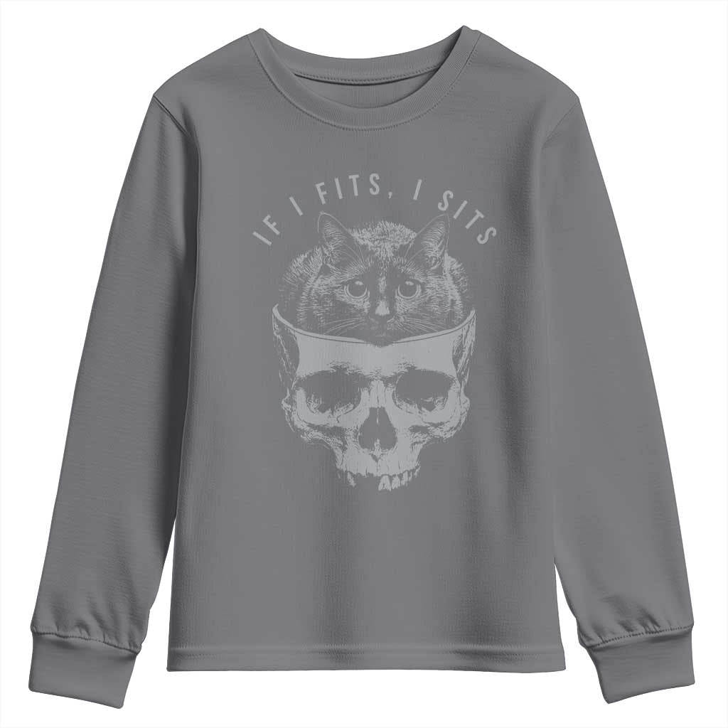 If I Fits I Sits Funny Cat in Skull Youth Sweatshirt Dark Aesthetic Goth Cat Lover Gift for Macabre and Meme Fans