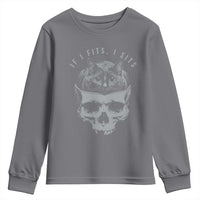 If I Fits I Sits Funny Cat in Skull Youth Sweatshirt Dark Aesthetic Goth Cat Lover Gift for Macabre and Meme Fans