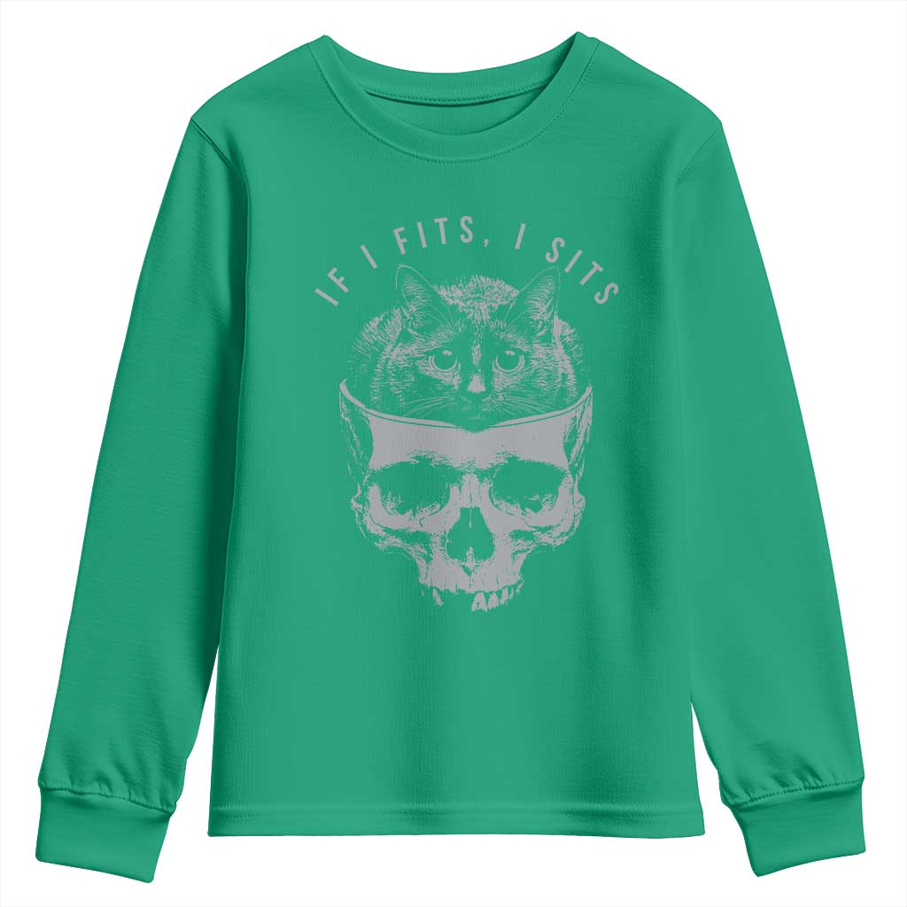 If I Fits I Sits Funny Cat in Skull Youth Sweatshirt Dark Aesthetic Goth Cat Lover Gift for Macabre and Meme Fans