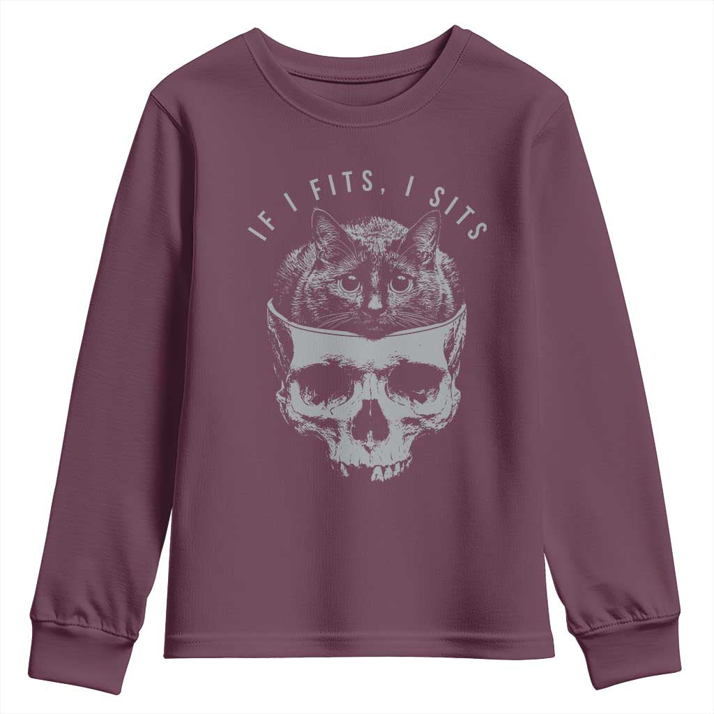If I Fits I Sits Funny Cat in Skull Youth Sweatshirt Dark Aesthetic Goth Cat Lover Gift for Macabre and Meme Fans