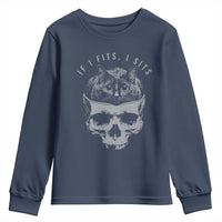 If I Fits I Sits Funny Cat in Skull Youth Sweatshirt Dark Aesthetic Goth Cat Lover Gift for Macabre and Meme Fans