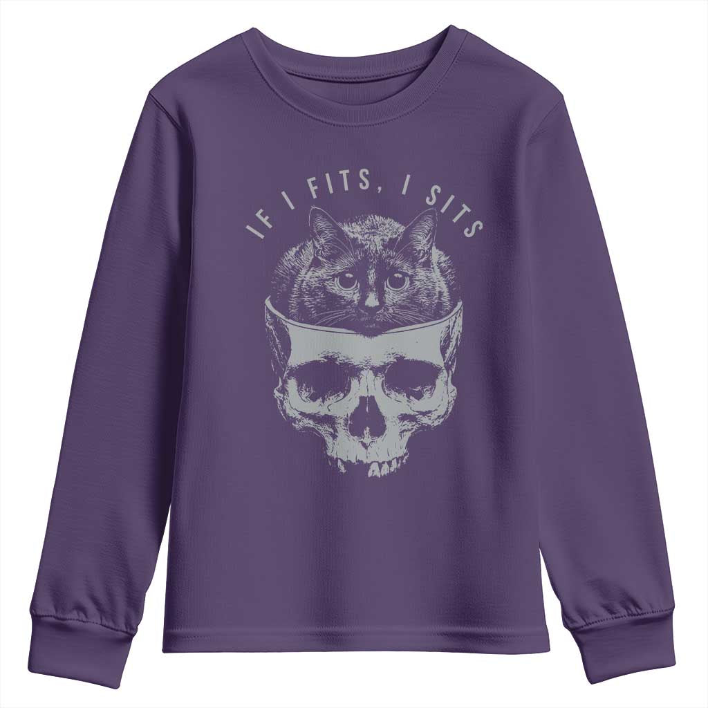 If I Fits I Sits Funny Cat in Skull Youth Sweatshirt Dark Aesthetic Goth Cat Lover Gift for Macabre and Meme Fans