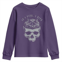 If I Fits I Sits Funny Cat in Skull Youth Sweatshirt Dark Aesthetic Goth Cat Lover Gift for Macabre and Meme Fans