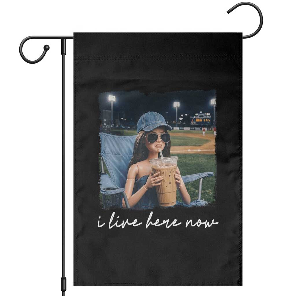 I Live Here Now Funny Doll Face Meme Baseball Lover Garden Flag Game Day Reaction Sports Fan Gift