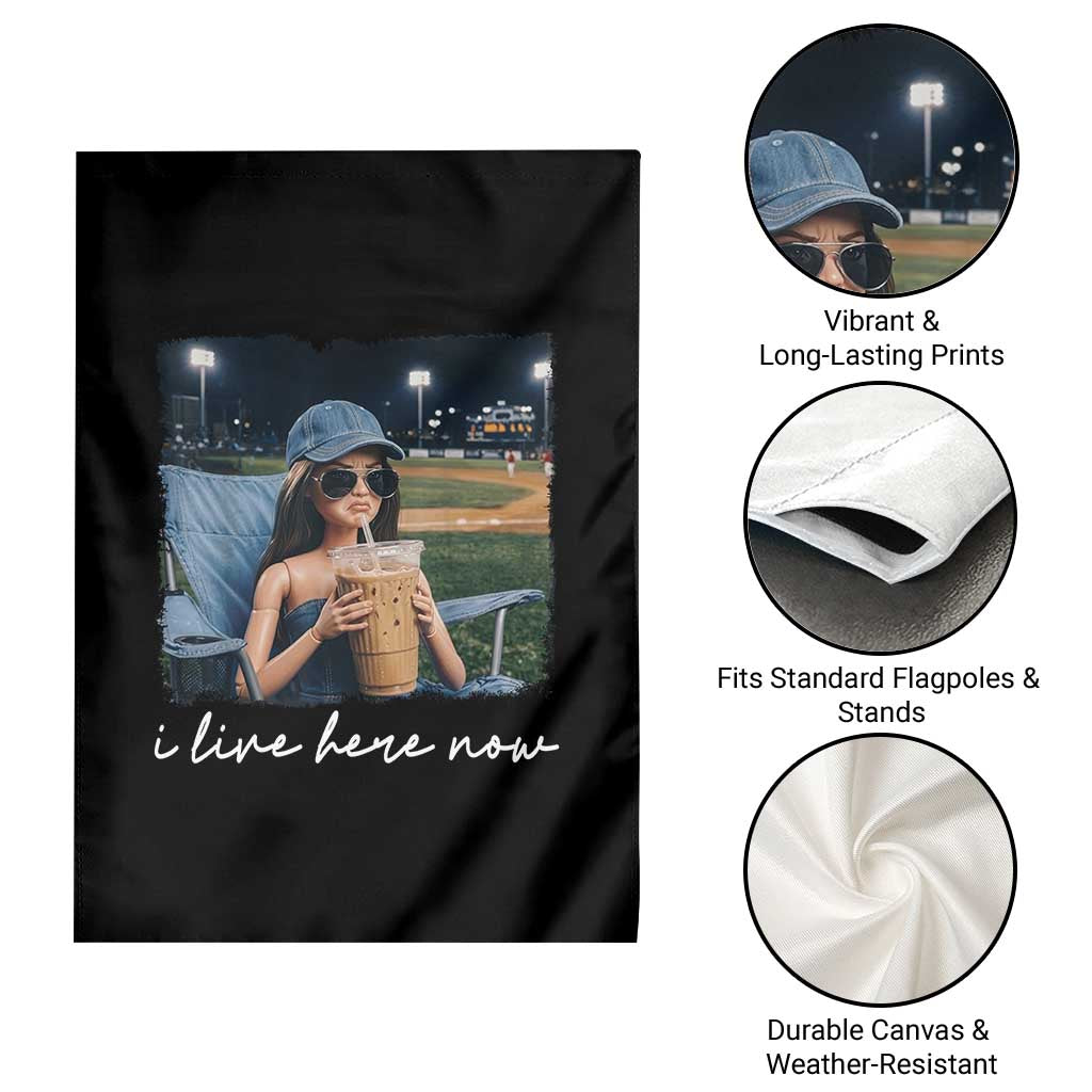 I Live Here Now Funny Doll Face Meme Baseball Lover Garden Flag Game Day Reaction Sports Fan Gift