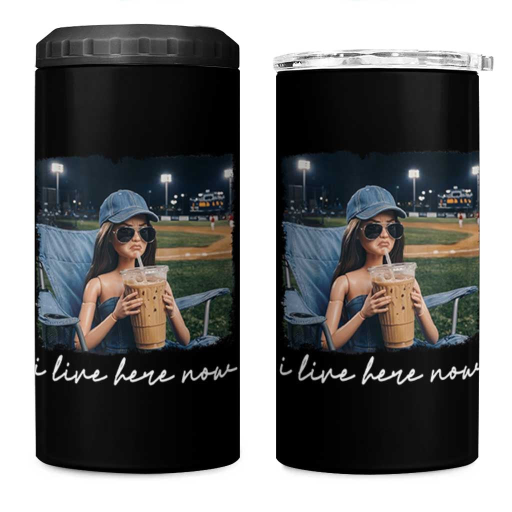 I Live Here Now Funny Doll Face Meme Baseball Lover 4 in 1 Can Cooler Tumbler Game Day Reaction Sports Fan Gift