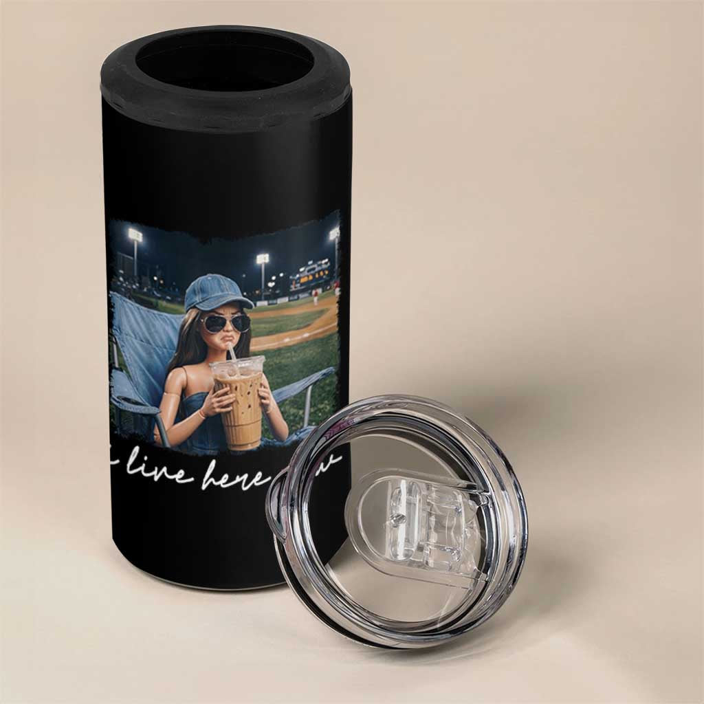I Live Here Now Funny Doll Face Meme Baseball Lover 4 in 1 Can Cooler Tumbler Game Day Reaction Sports Fan Gift
