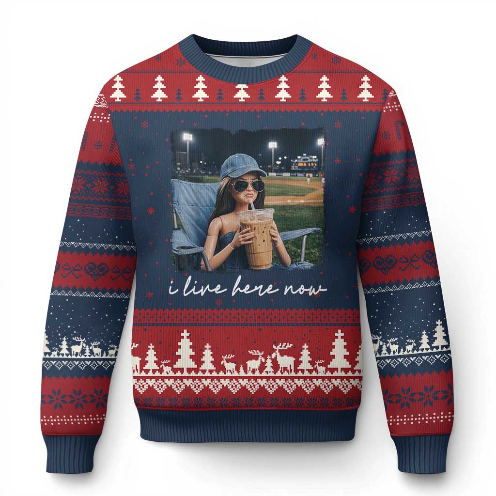 I Live Here Now Funny Doll Face Meme Baseball Lover Ugly Christmas Sweater Game Day Reaction Sports Fan Gift