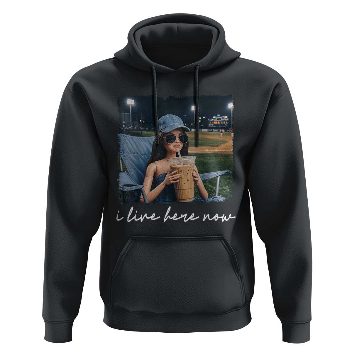 I Live Here Now Funny Doll Face Meme Baseball Lover Hoodie Game Day Reaction Sports Fan Gift
