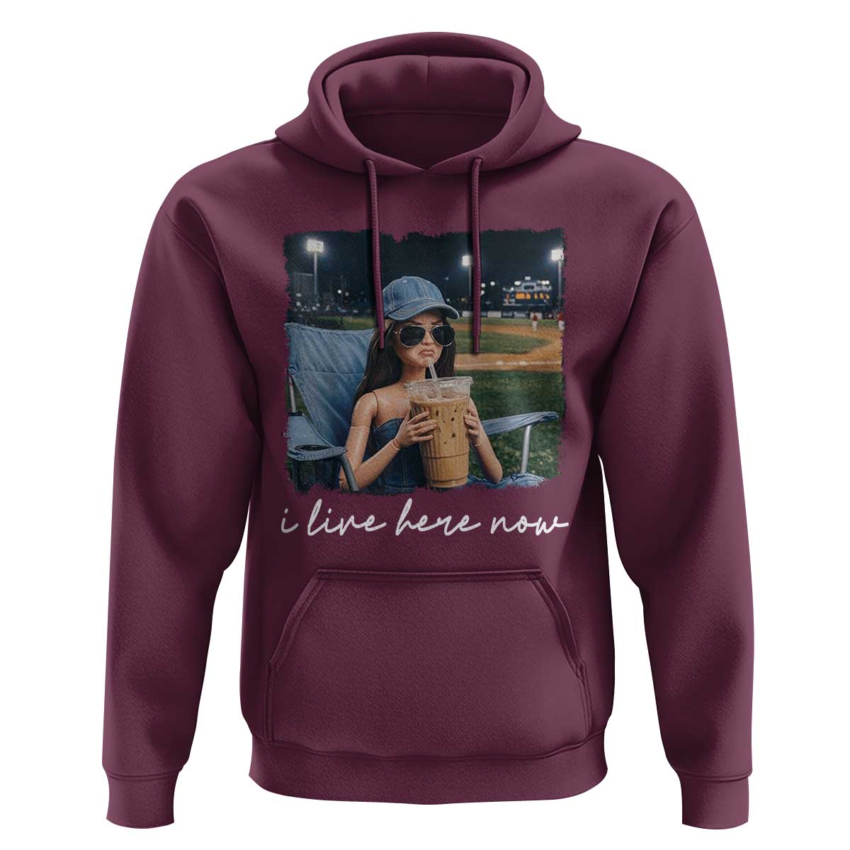 I Live Here Now Funny Doll Face Meme Baseball Lover Hoodie Game Day Reaction Sports Fan Gift