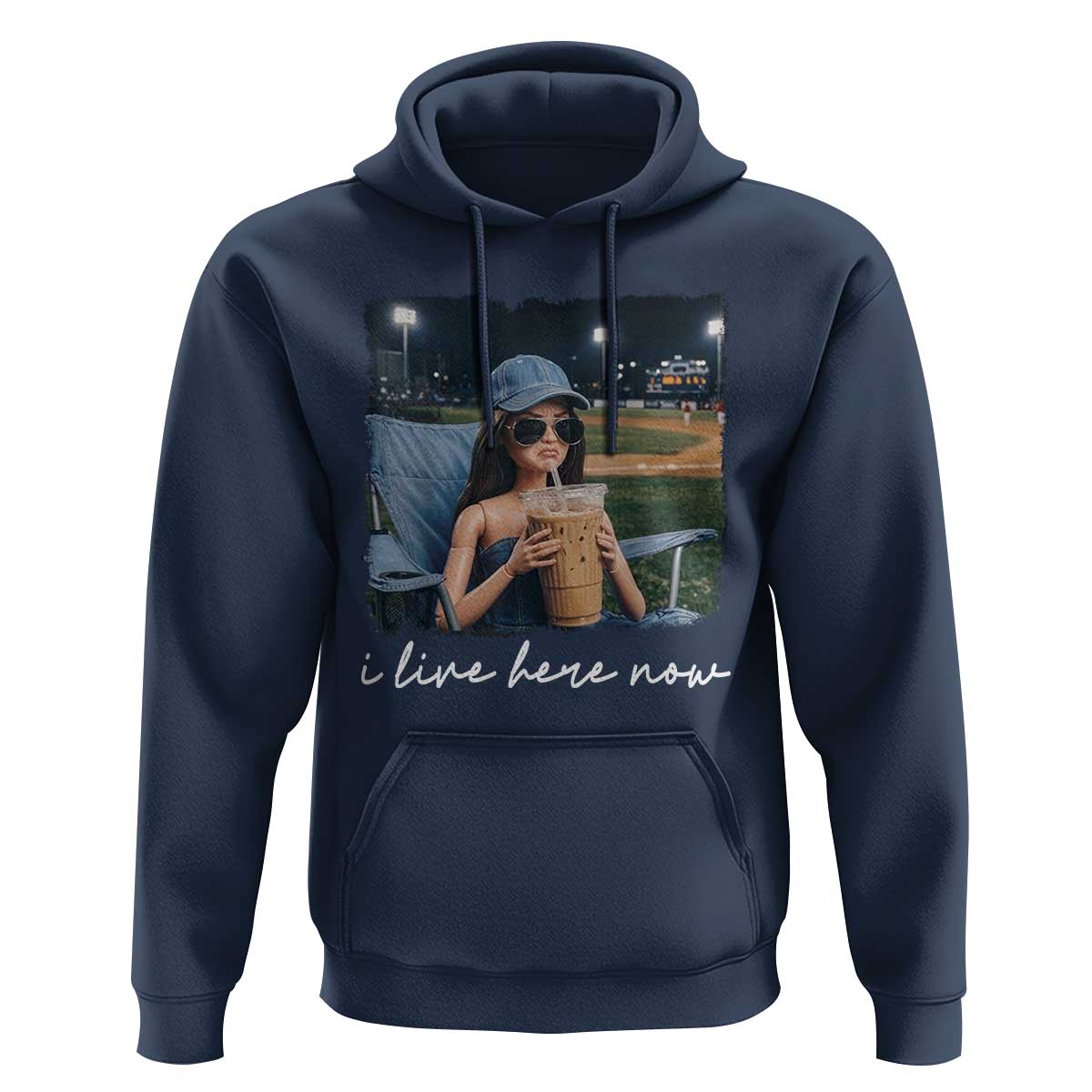 I Live Here Now Funny Doll Face Meme Baseball Lover Hoodie Game Day Reaction Sports Fan Gift