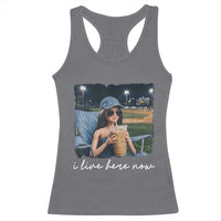 I Live Here Now Funny Doll Face Meme Baseball Lover Racerback Tank Top Game Day Reaction Sports Fan Gift