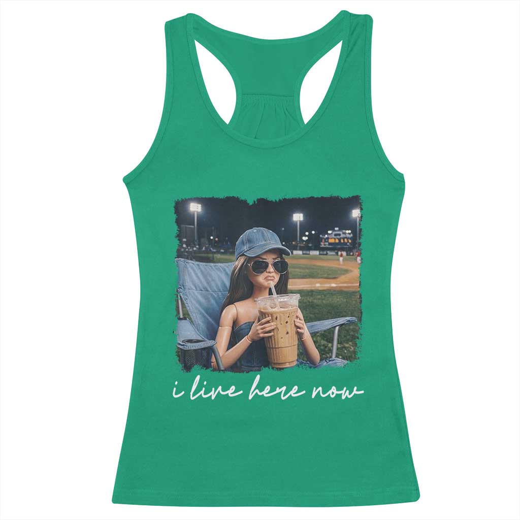 I Live Here Now Funny Doll Face Meme Baseball Lover Racerback Tank Top Game Day Reaction Sports Fan Gift