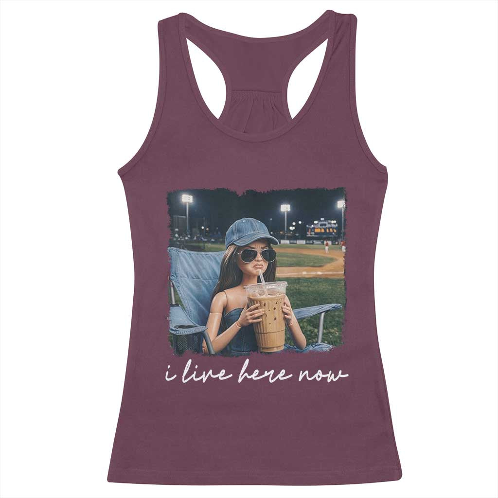 I Live Here Now Funny Doll Face Meme Baseball Lover Racerback Tank Top Game Day Reaction Sports Fan Gift