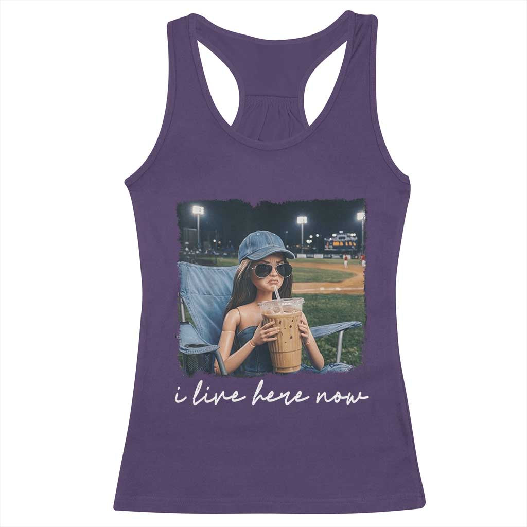 I Live Here Now Funny Doll Face Meme Baseball Lover Racerback Tank Top Game Day Reaction Sports Fan Gift