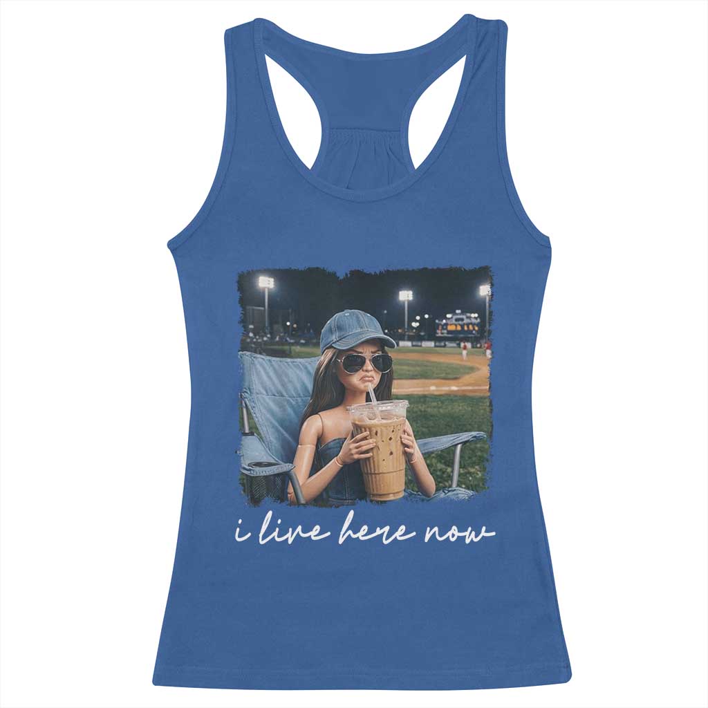 I Live Here Now Funny Doll Face Meme Baseball Lover Racerback Tank Top Game Day Reaction Sports Fan Gift