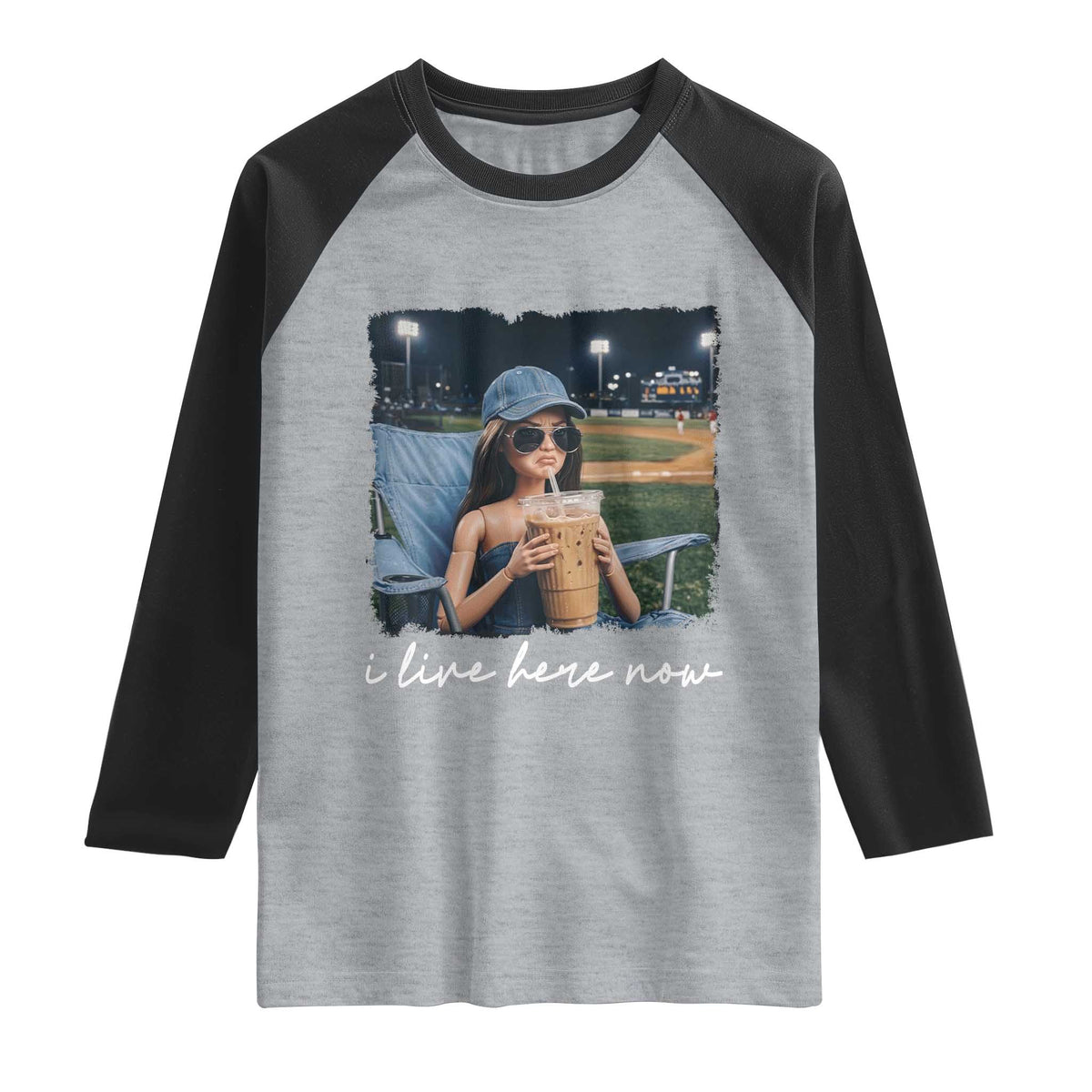 I Live Here Now Funny Doll Face Meme Baseball Lover Raglan Shirt Game Day Reaction Sports Fan Gift