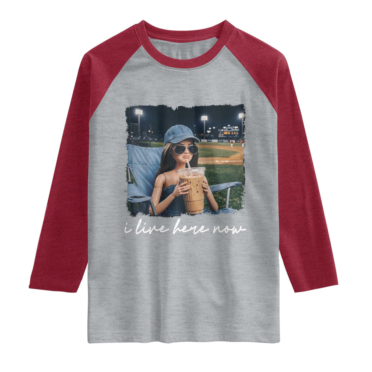 I Live Here Now Funny Doll Face Meme Baseball Lover Raglan Shirt Game Day Reaction Sports Fan Gift