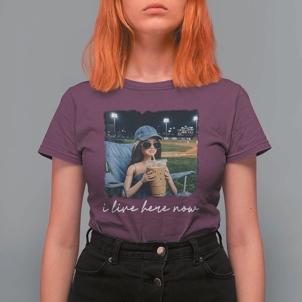 I Live Here Now Funny Doll Face Meme Baseball Lover T Shirt For Women Game Day Reaction Sports Fan Gift