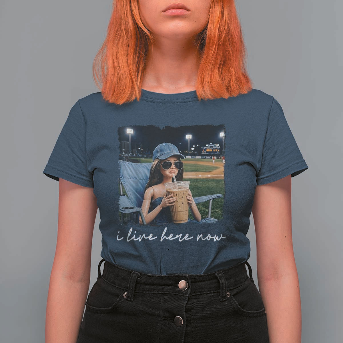 I Live Here Now Funny Doll Face Meme Baseball Lover T Shirt For Women Game Day Reaction Sports Fan Gift