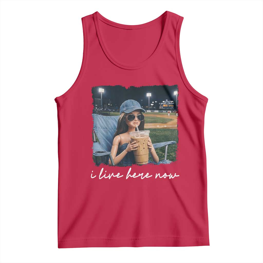 I Live Here Now Funny Doll Face Meme Baseball Lover Tank Top Game Day Reaction Sports Fan Gift