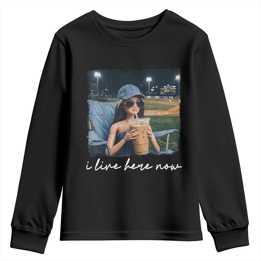 I Live Here Now Funny Doll Face Meme Baseball Lover Youth Sweatshirt Game Day Reaction Sports Fan Gift