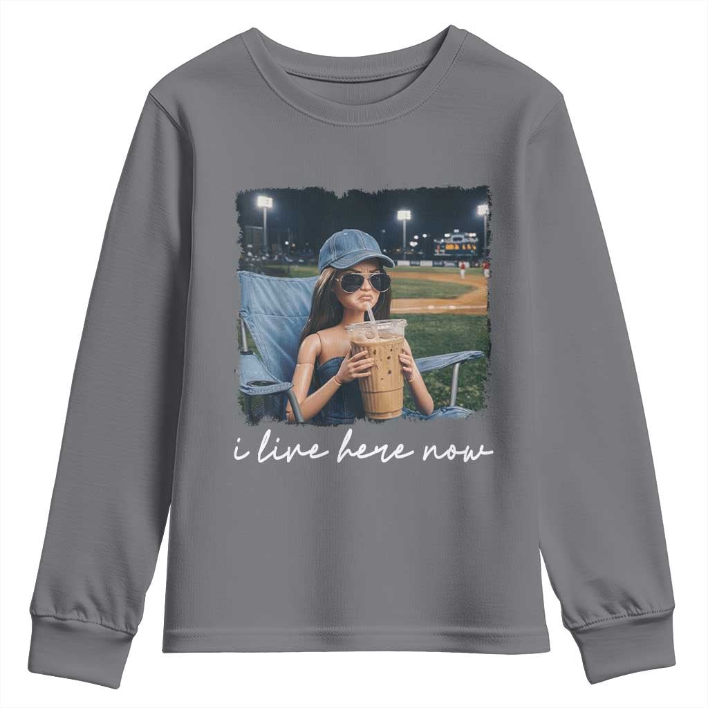 I Live Here Now Funny Doll Face Meme Baseball Lover Youth Sweatshirt Game Day Reaction Sports Fan Gift