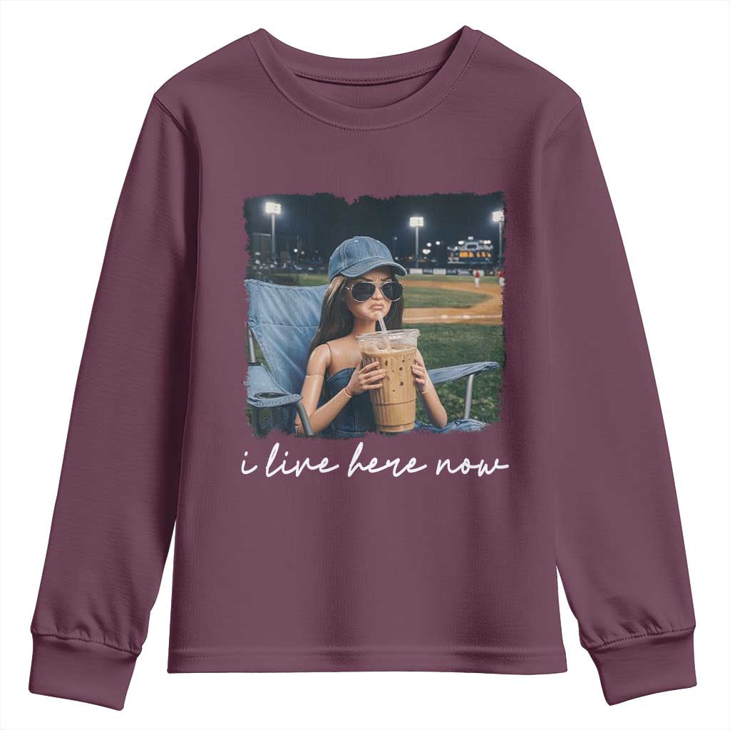 I Live Here Now Funny Doll Face Meme Baseball Lover Youth Sweatshirt Game Day Reaction Sports Fan Gift