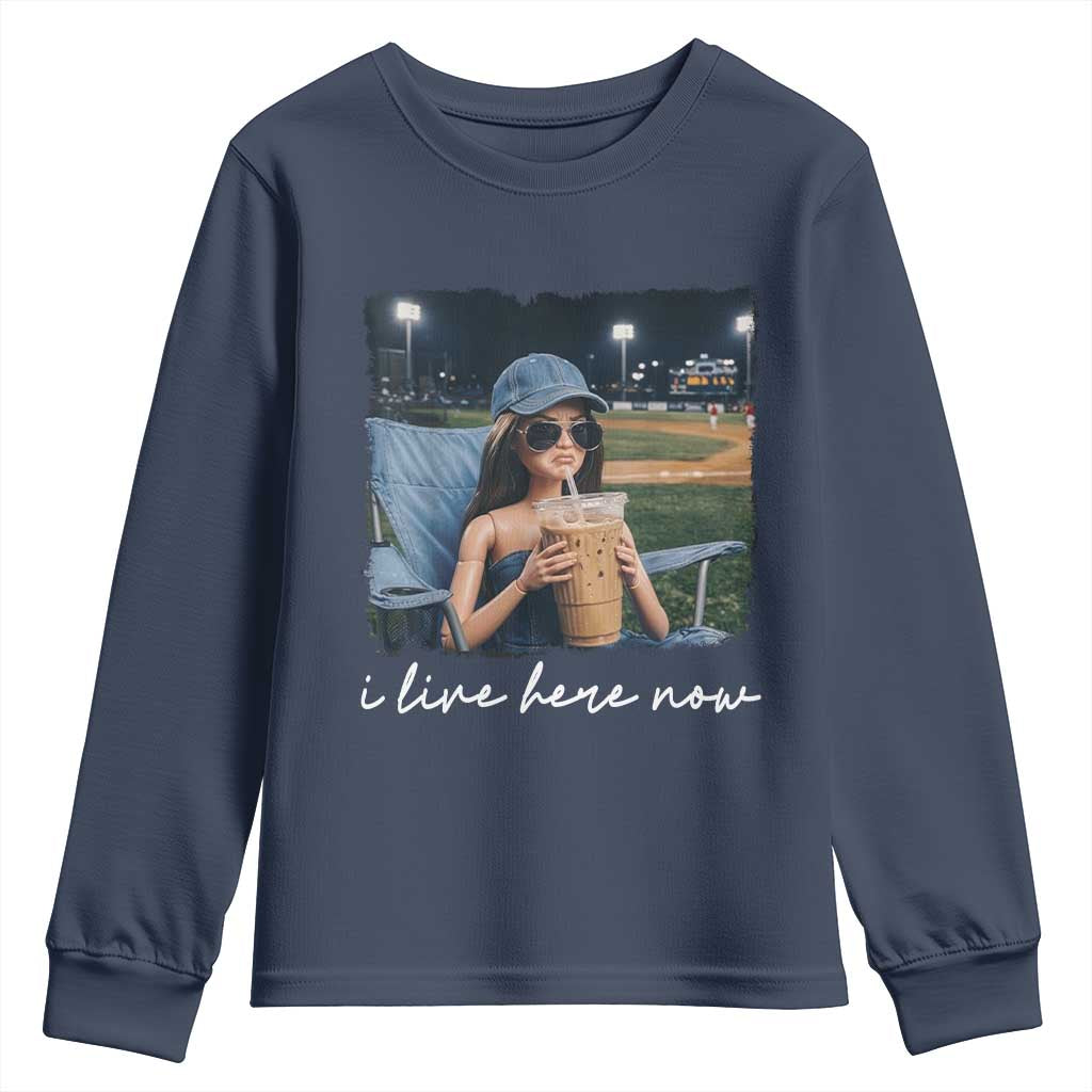 I Live Here Now Funny Doll Face Meme Baseball Lover Youth Sweatshirt Game Day Reaction Sports Fan Gift