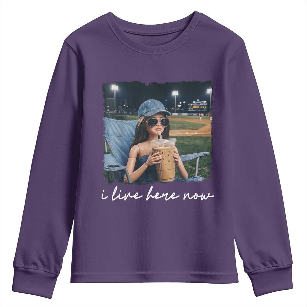 I Live Here Now Funny Doll Face Meme Baseball Lover Youth Sweatshirt Game Day Reaction Sports Fan Gift