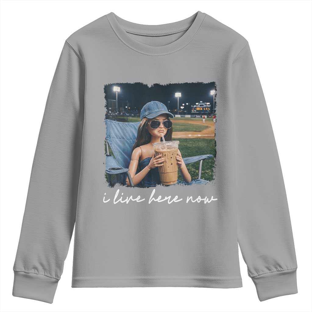 I Live Here Now Funny Doll Face Meme Baseball Lover Youth Sweatshirt Game Day Reaction Sports Fan Gift