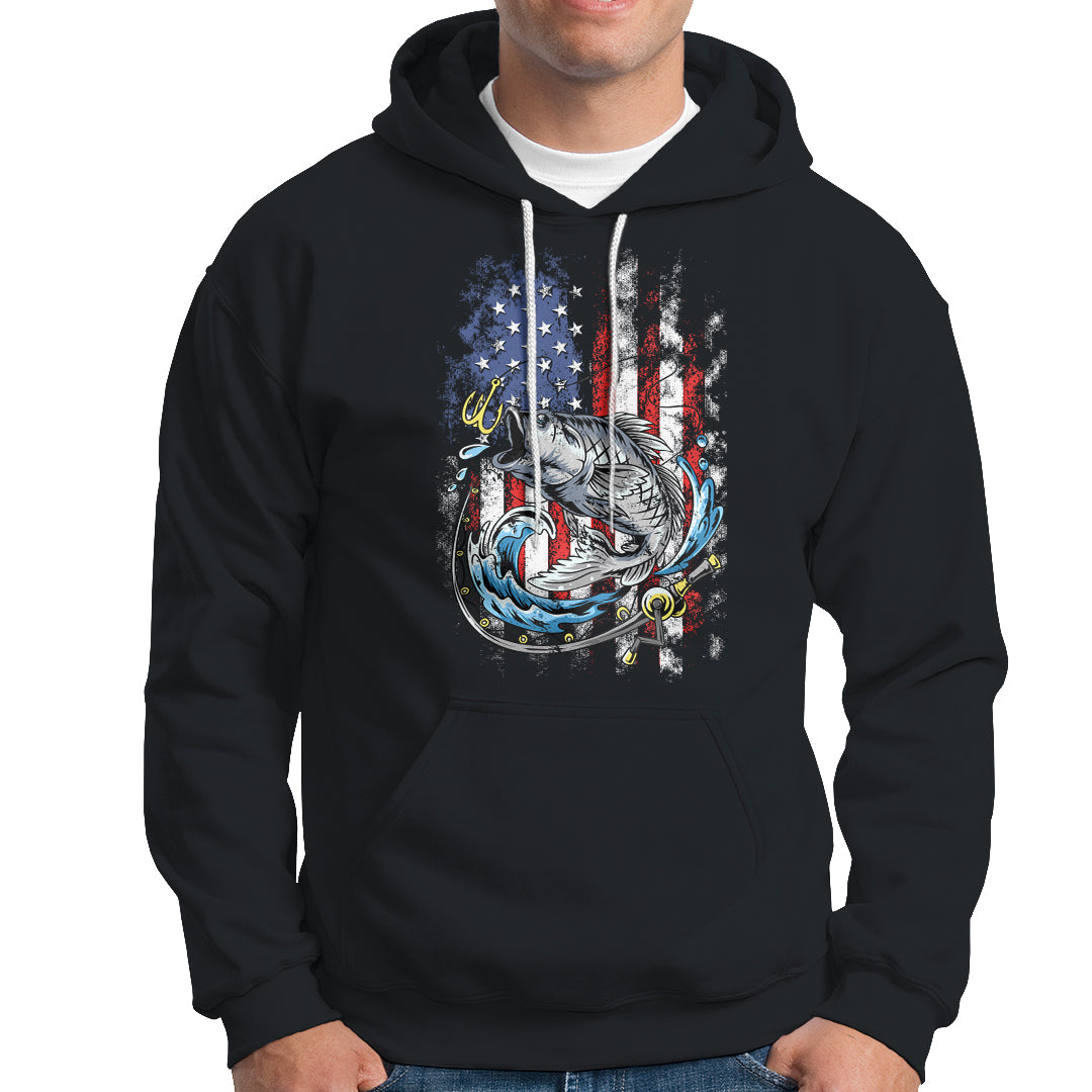 Funny Fishing Hoodie Fishing American Flag Vintage USA Bass Fisherman Gift - Wonder Print Shop