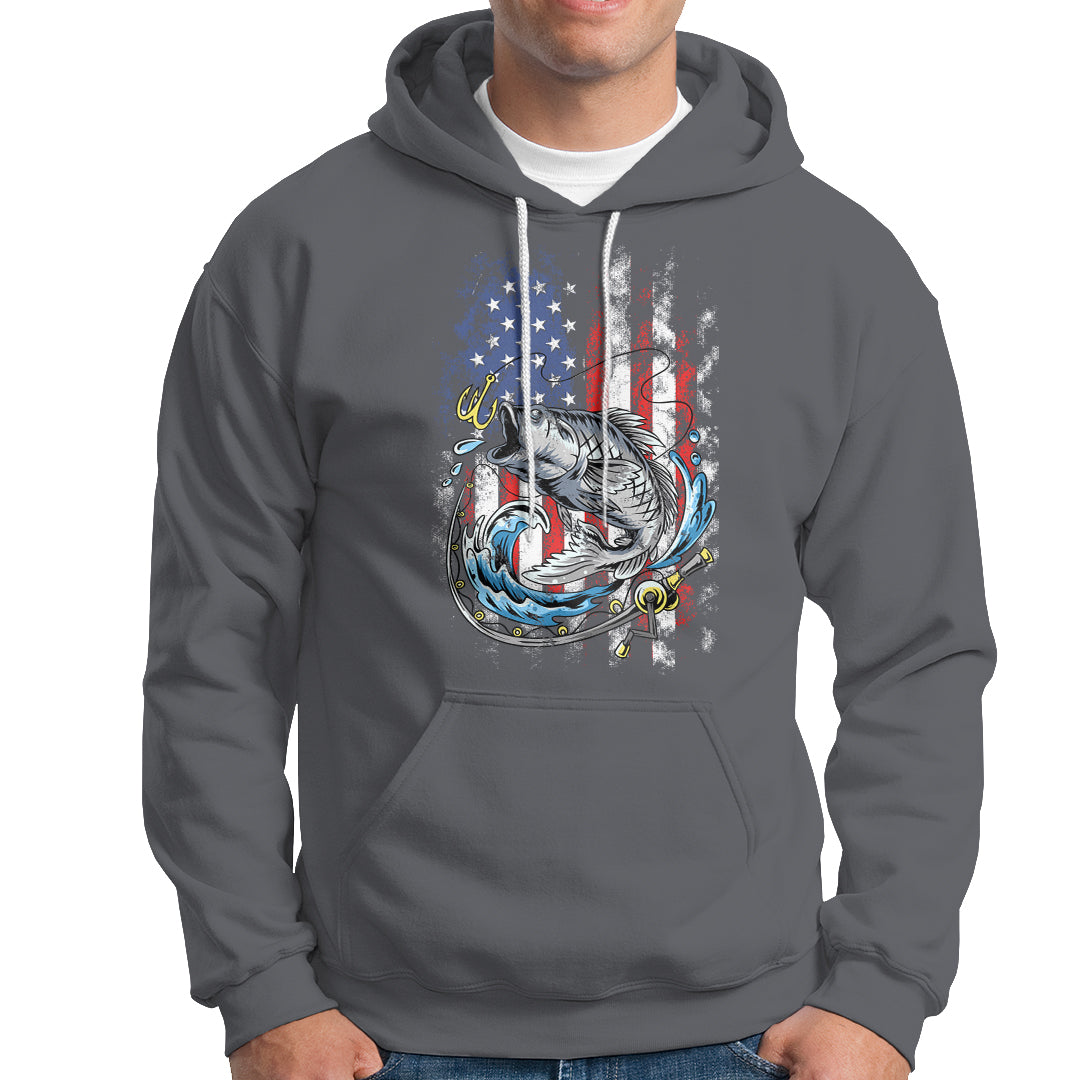 Funny Fishing Hoodie Fishing American Flag Vintage USA Bass Fisherman Gift - Wonder Print Shop