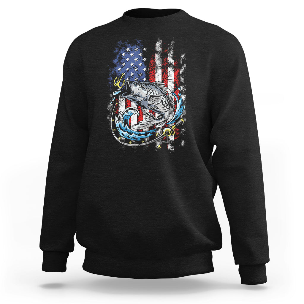 Funny Fishing Sweatshirt Fishing American Flag Vintage USA Bass Fisherman Gift - Wonder Print Shop
