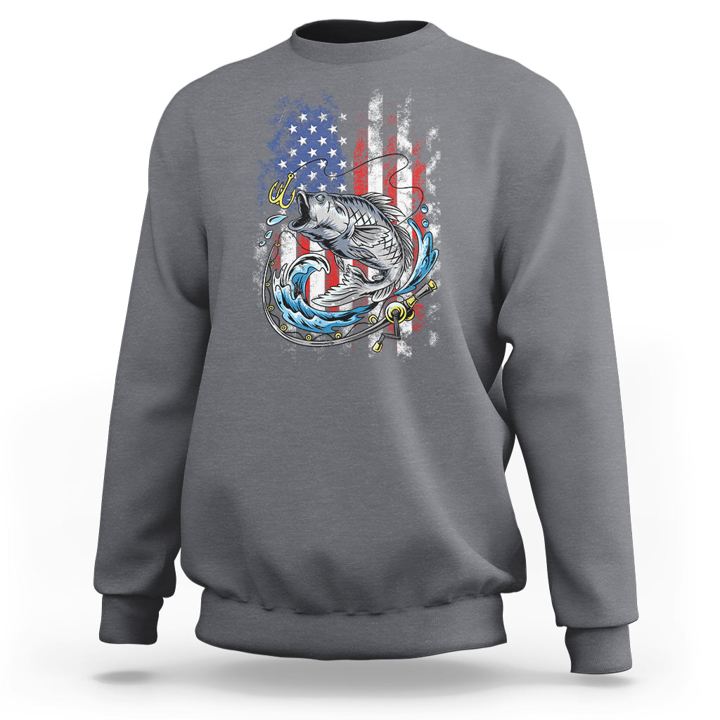 Funny Fishing Sweatshirt Fishing American Flag Vintage USA Bass Fisherman Gift - Wonder Print Shop