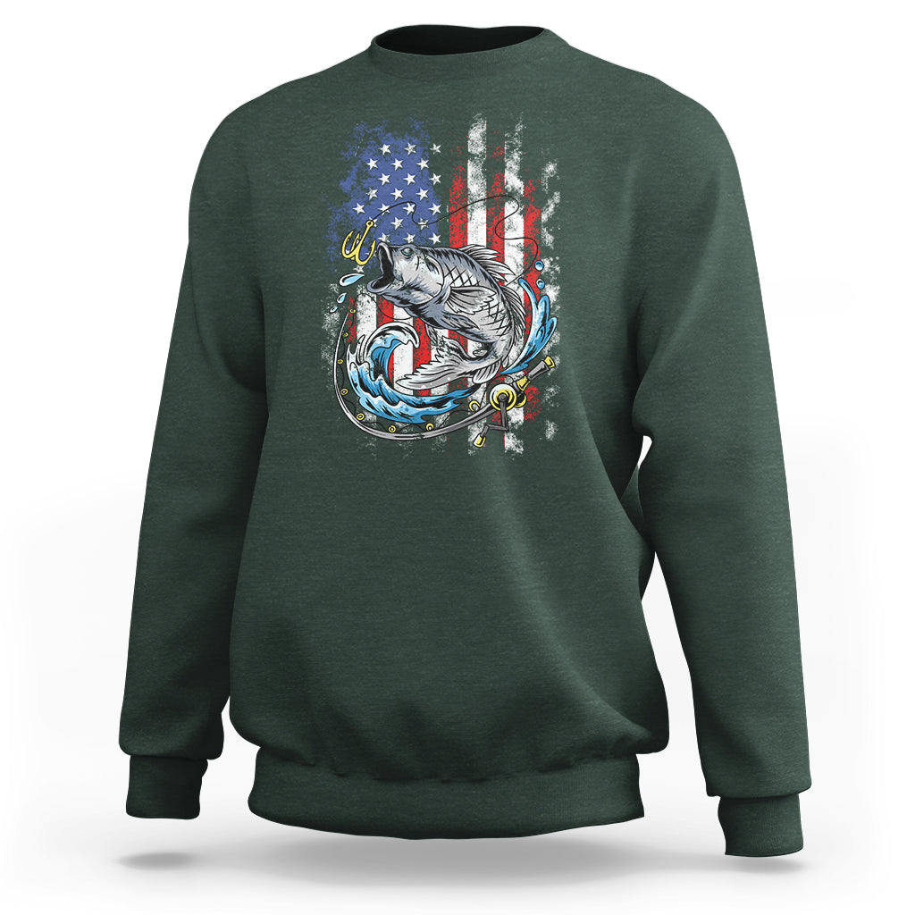 Funny Fishing Sweatshirt Fishing American Flag Vintage USA Bass Fisherman Gift - Wonder Print Shop