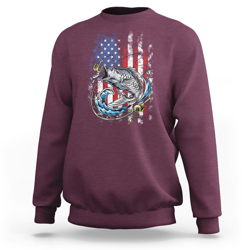 Funny Fishing Sweatshirt Fishing American Flag Vintage USA Bass Fisherman Gift - Wonder Print Shop