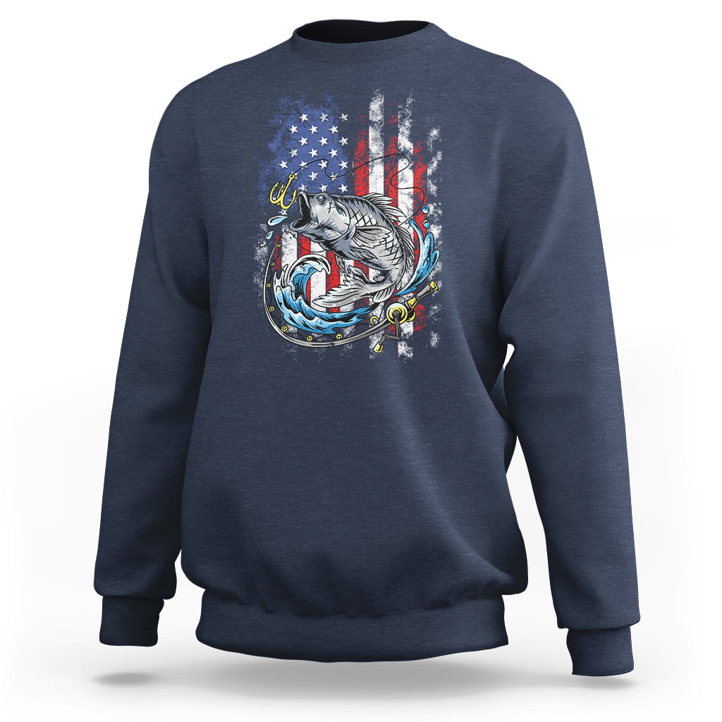 Funny Fishing Sweatshirt Fishing American Flag Vintage USA Bass Fisherman Gift - Wonder Print Shop