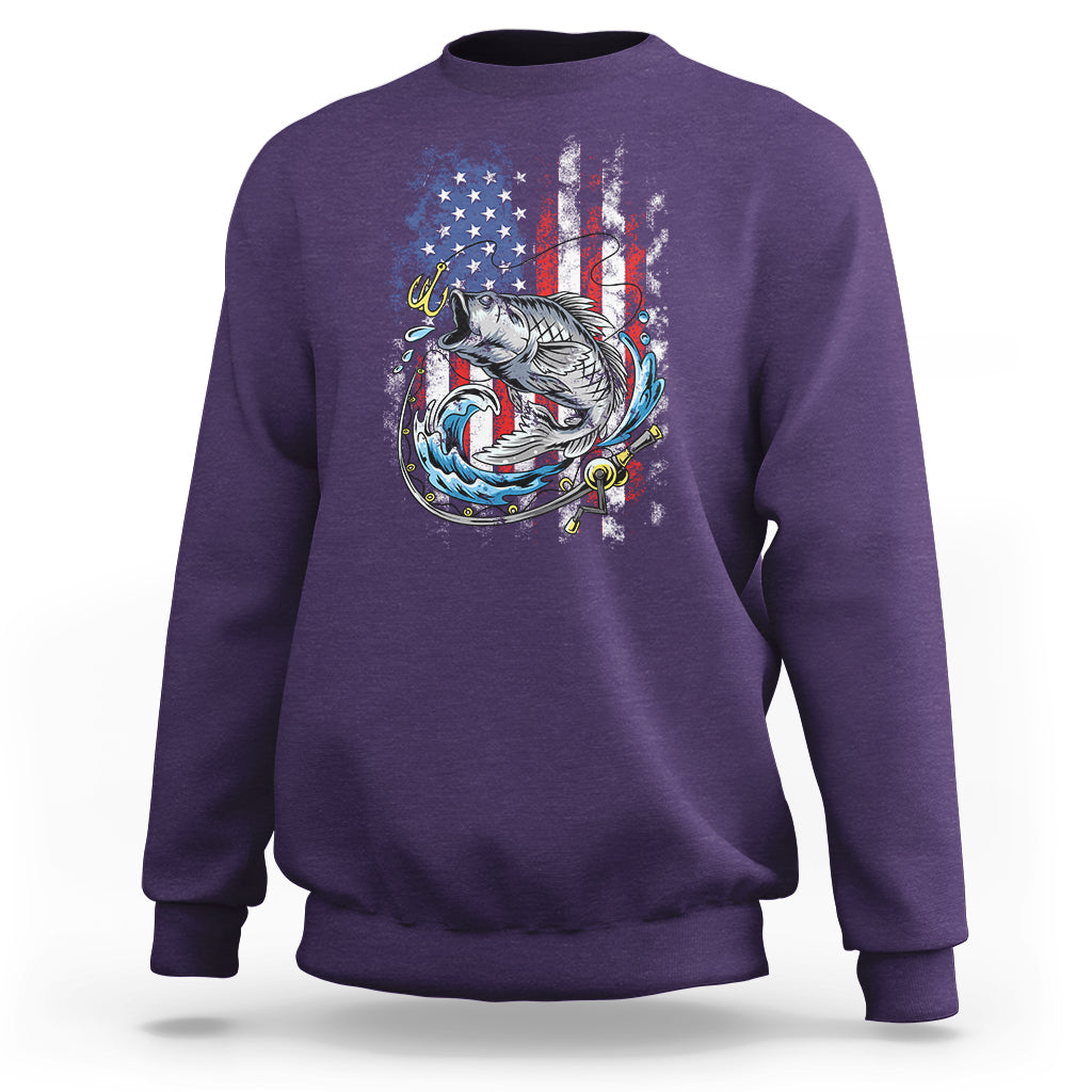 Funny Fishing Sweatshirt Fishing American Flag Vintage USA Bass Fisherman Gift - Wonder Print Shop