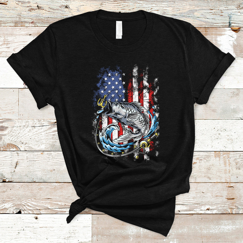 Funny Fishing T Shirt Fishing American Flag Vintage USA Bass Fisherman Gift - Wonder Print Shop
