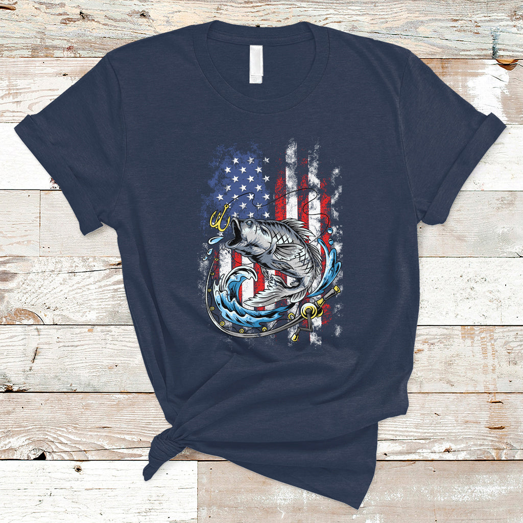 Funny Fishing T Shirt Fishing American Flag Vintage USA Bass Fisherman Gift - Wonder Print Shop