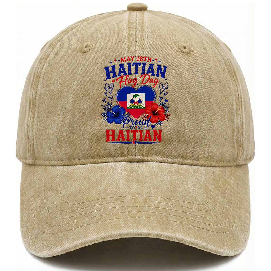 May 18th Haitian Flag Day Floral Hibiscus Washed Cotton Baseball Cap Proud To Be Haitian Heritage Pride