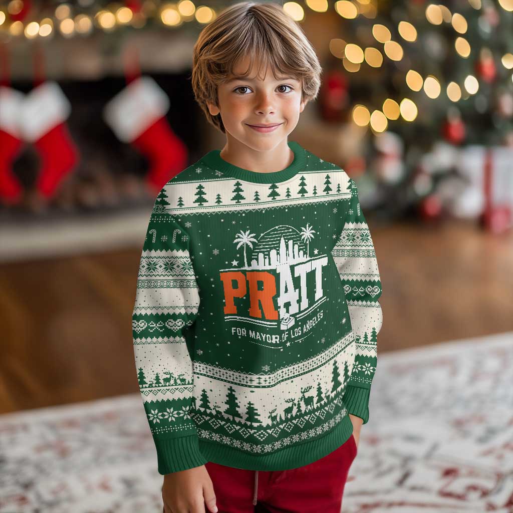 Pratt for Mayor of Los Angeles Retro Skyline Graphic Ugly Christmas Sweater Support Local Leadership LA City California Pride