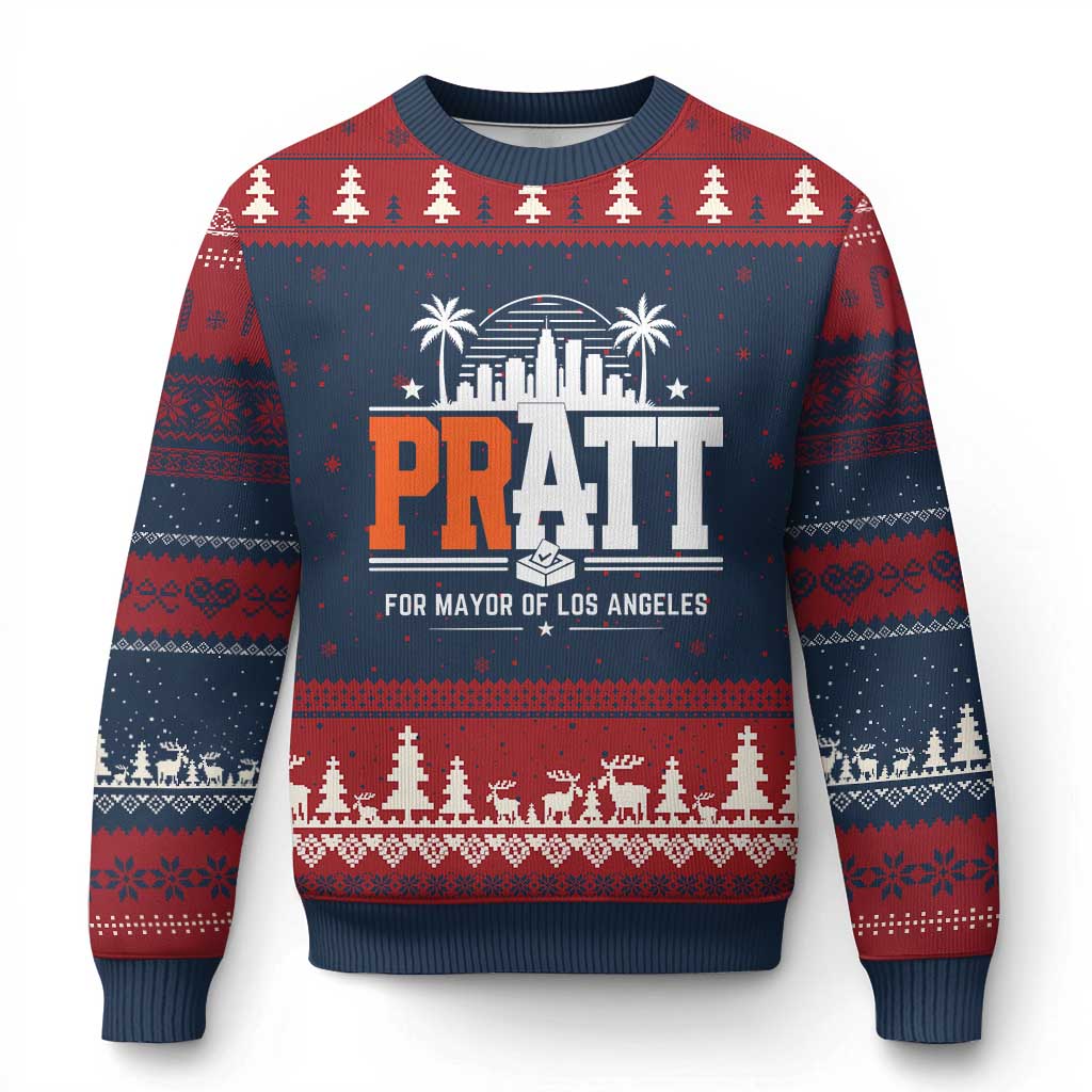 Pratt for Mayor of Los Angeles Retro Skyline Graphic Ugly Christmas Sweater Support Local Leadership LA City California Pride