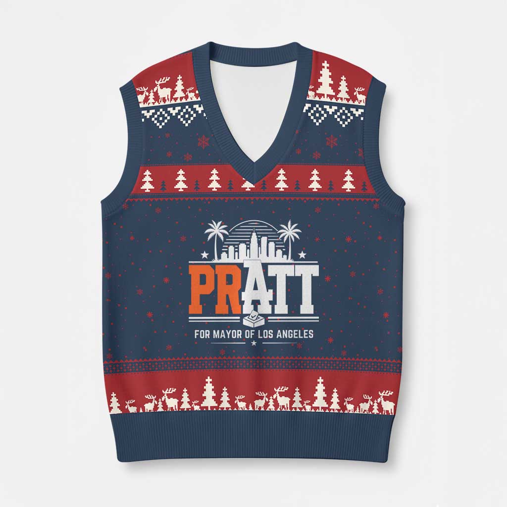 Pratt for Mayor of Los Angeles Retro Skyline Graphic V-Neck Knit Sweater Vest Support Local Leadership LA City California Pride