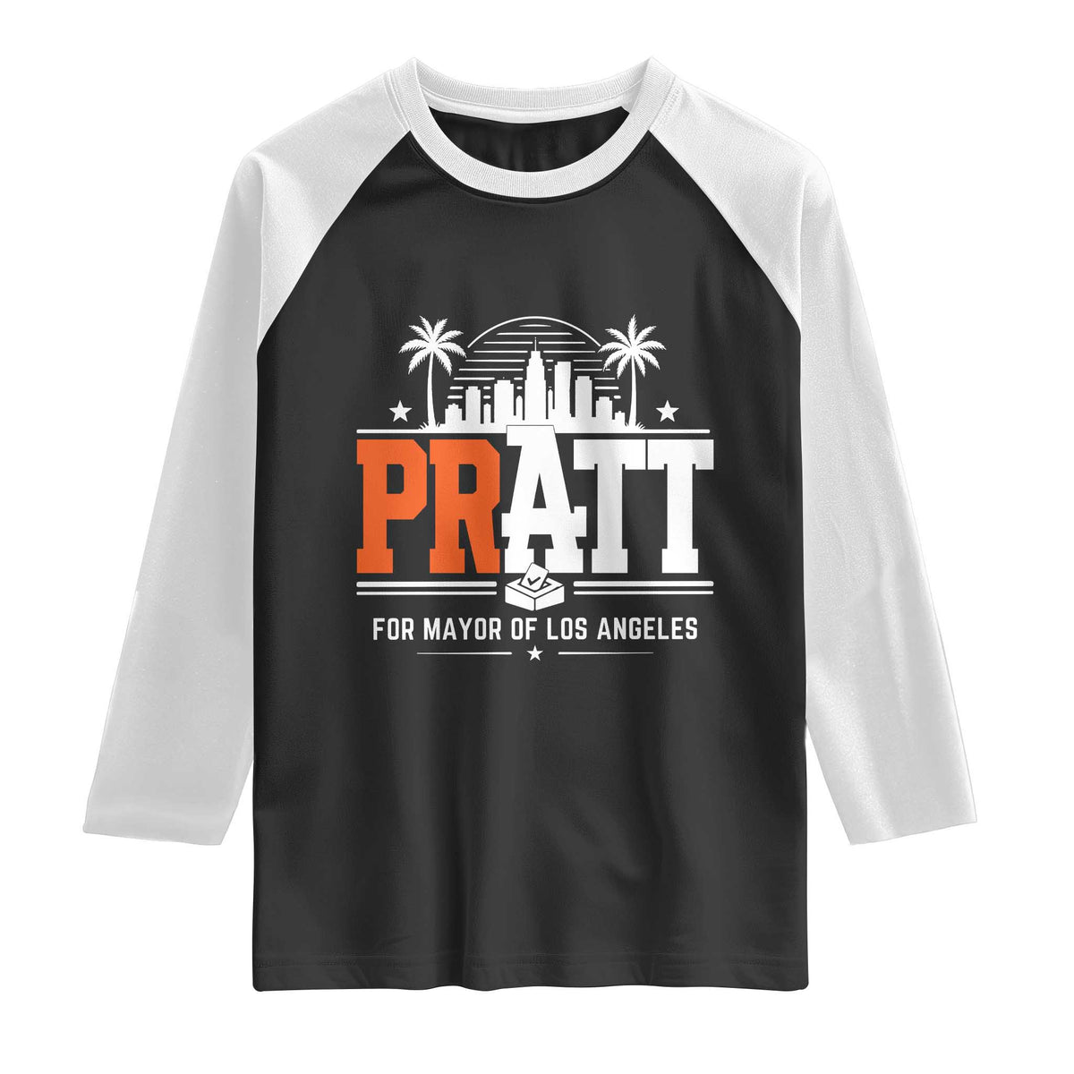 Pratt for Mayor of Los Angeles Retro Skyline Graphic Raglan Shirt Support Local Leadership LA City California Pride