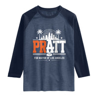 Pratt for Mayor of Los Angeles Retro Skyline Graphic Raglan Shirt Support Local Leadership LA City California Pride